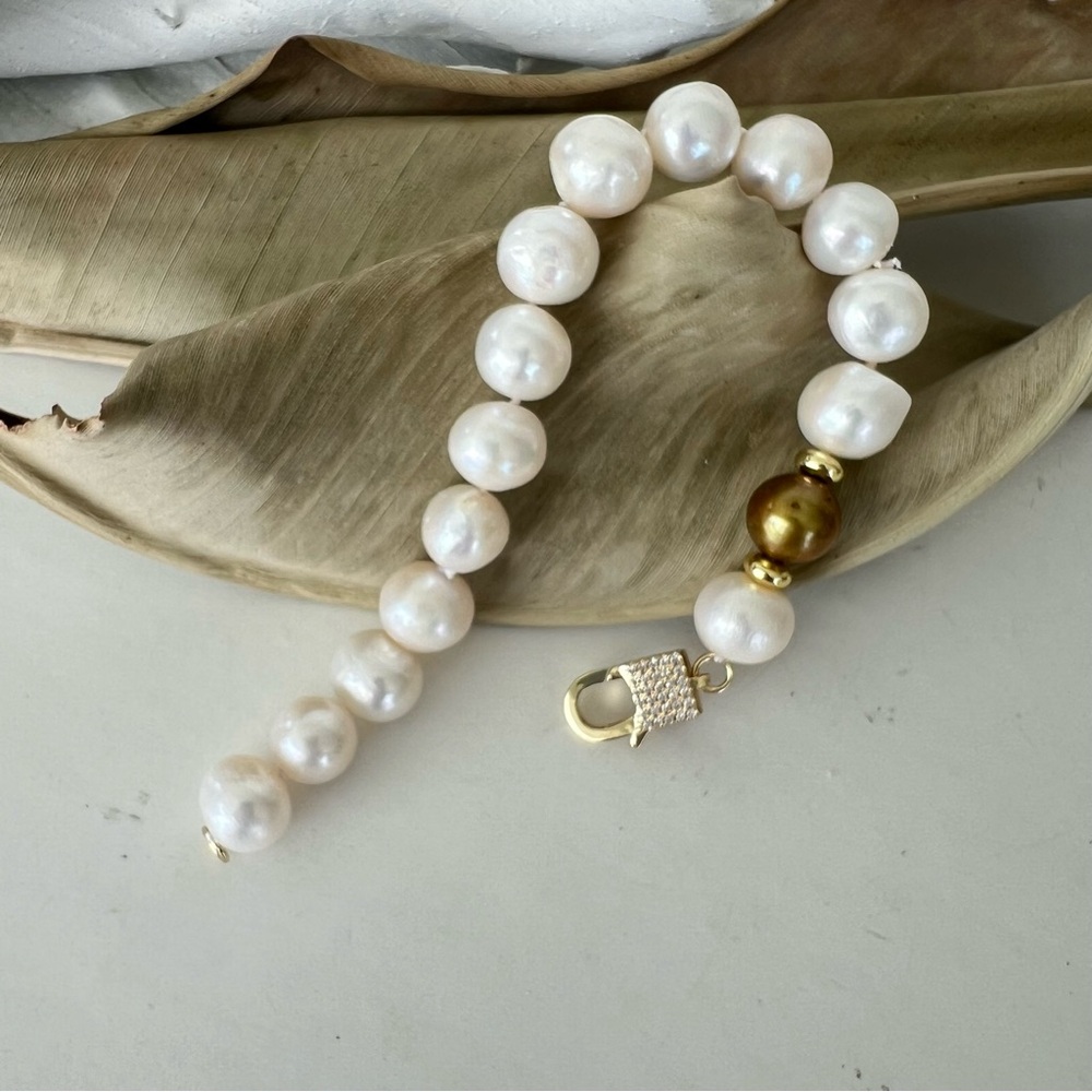 White Green Baroque Pearl Gold Micro Pave Clasp Bracelet.